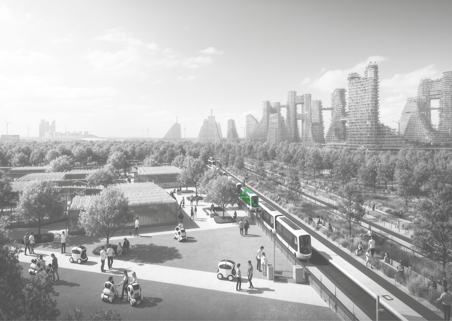 Stylized city scene with sustainable transit and green spaces, illustrating Petromin's environmental commitment